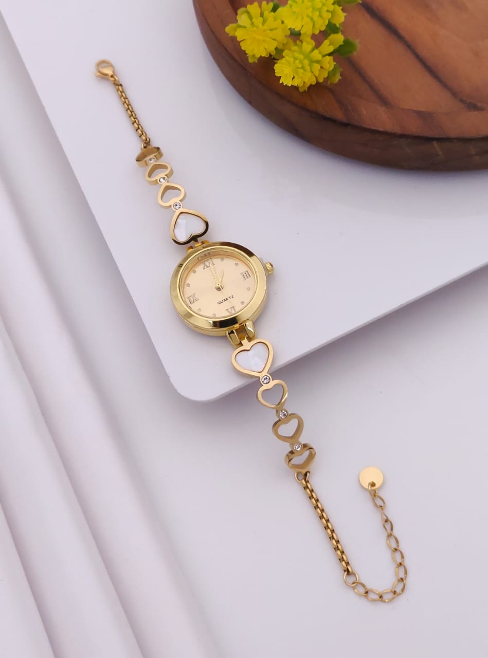 Romantic Gold-Tone Heart Charm Bracelet Watch for Women