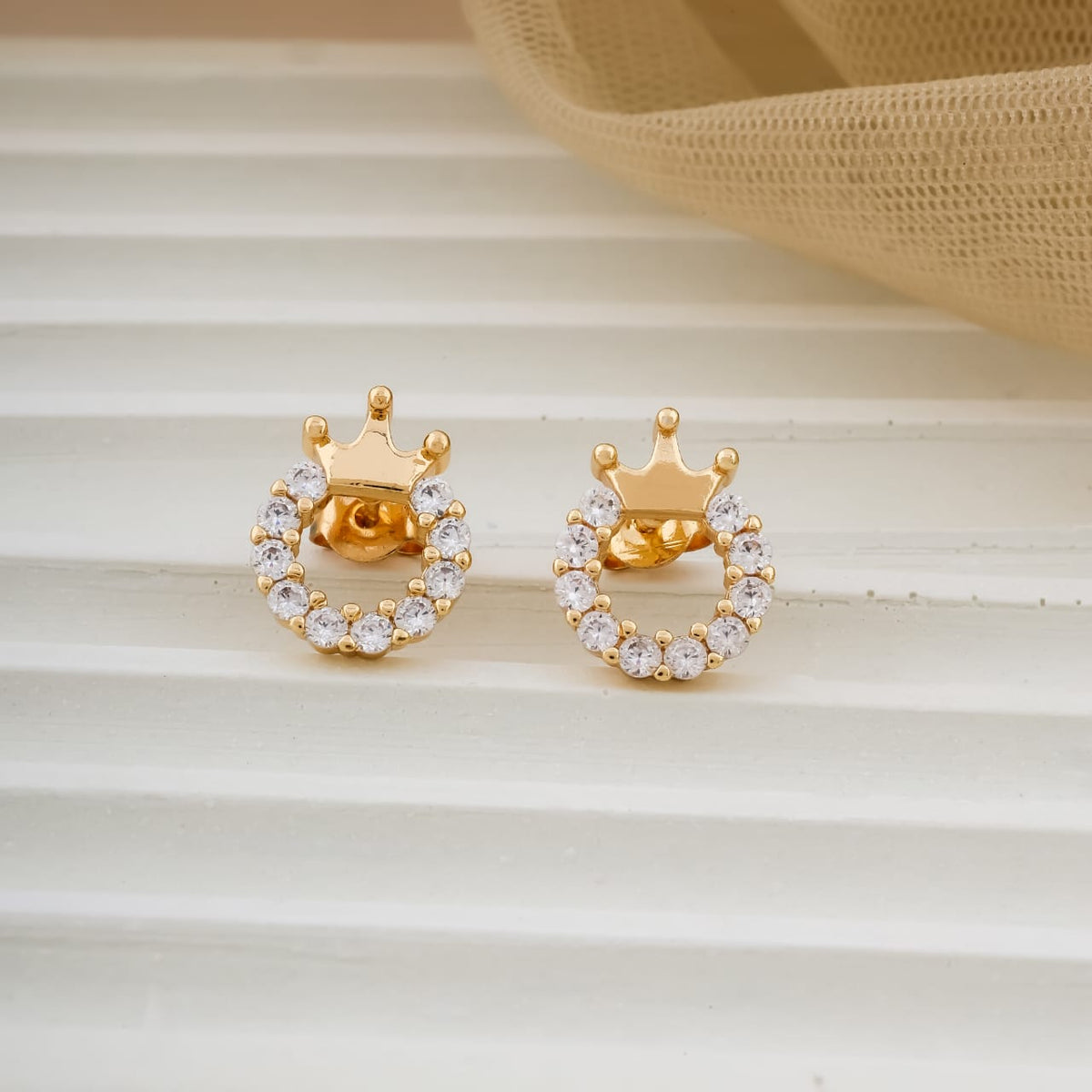 Gold-Plated Crown & Open Circle Cubic Zirconia Stud Earrings