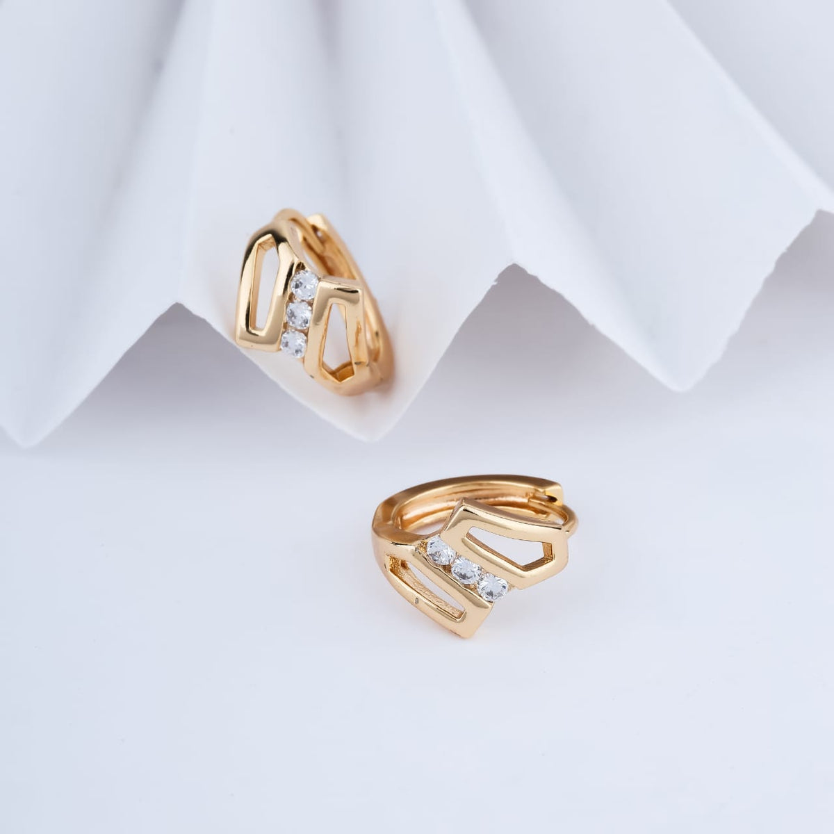 Gold-Plated Geometric Cutout Cubic Zirconia Huggie Hoop Earrings