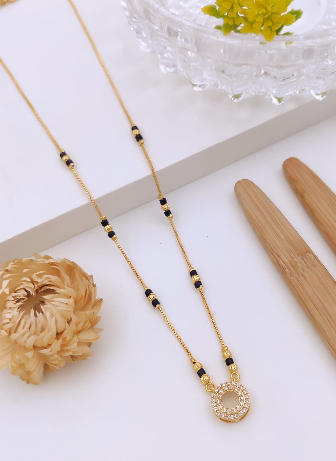 Elegant Dual-Ring Pavé Halo CZ Gold Mangalsutra