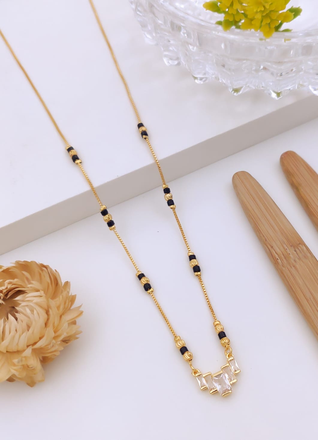 Elegant Geometric Emerald-Cut CZ Gold Mangalsutra