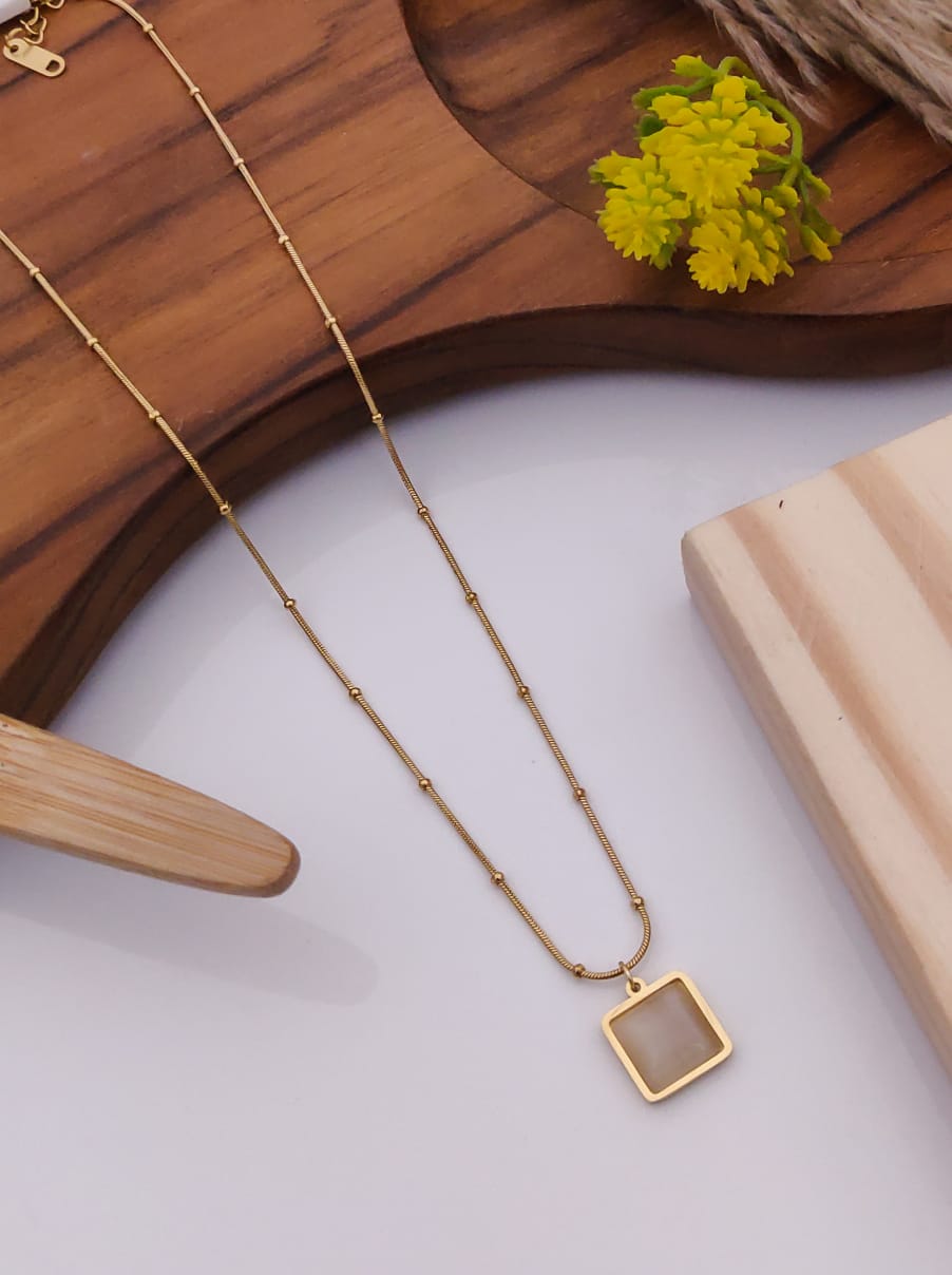 Gold-Plated Beaded Satellite Chain Necklace with Geometric Square Pendant