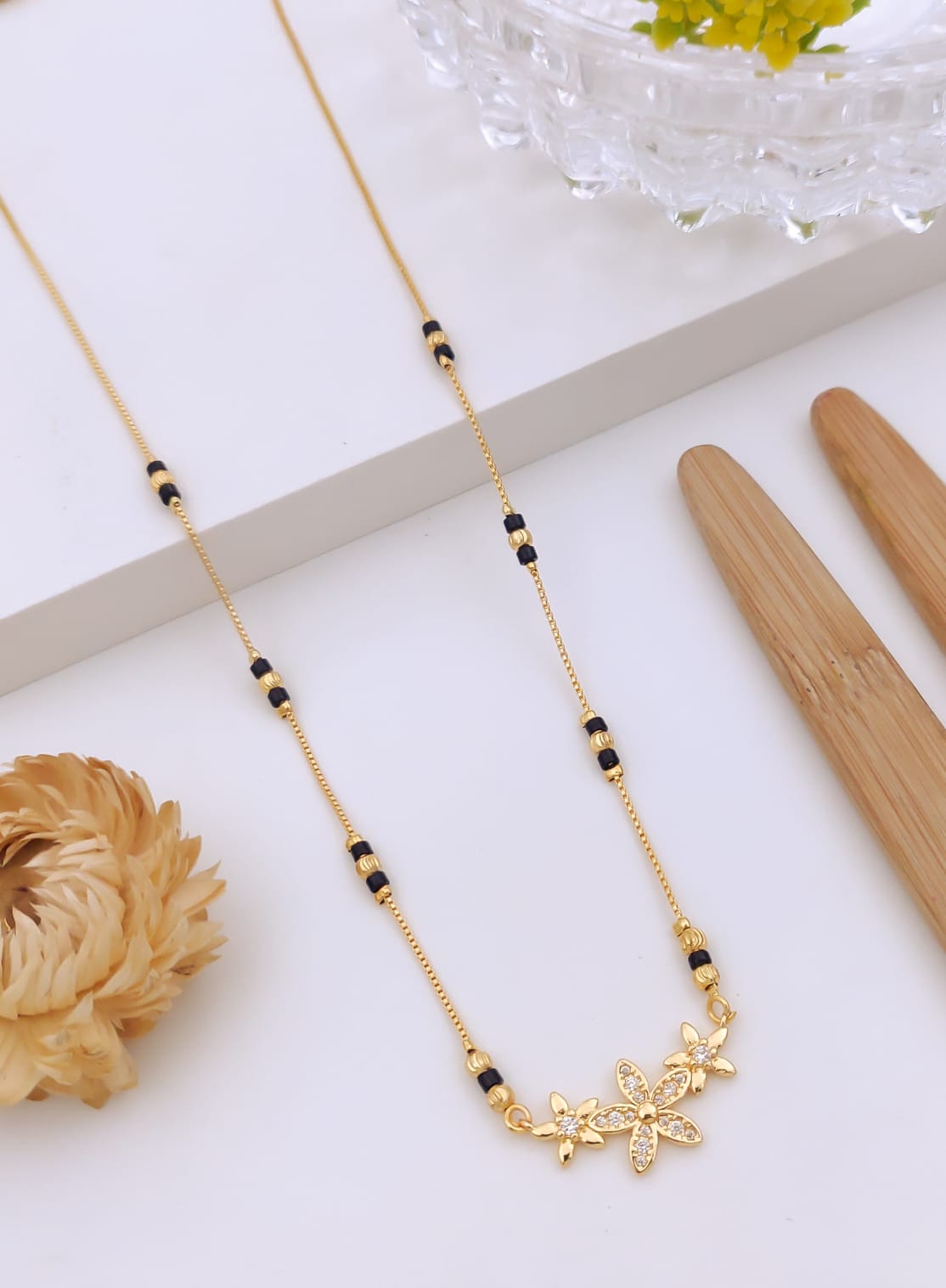 Elegant Triple Floral CZ Gold Mangalsutra