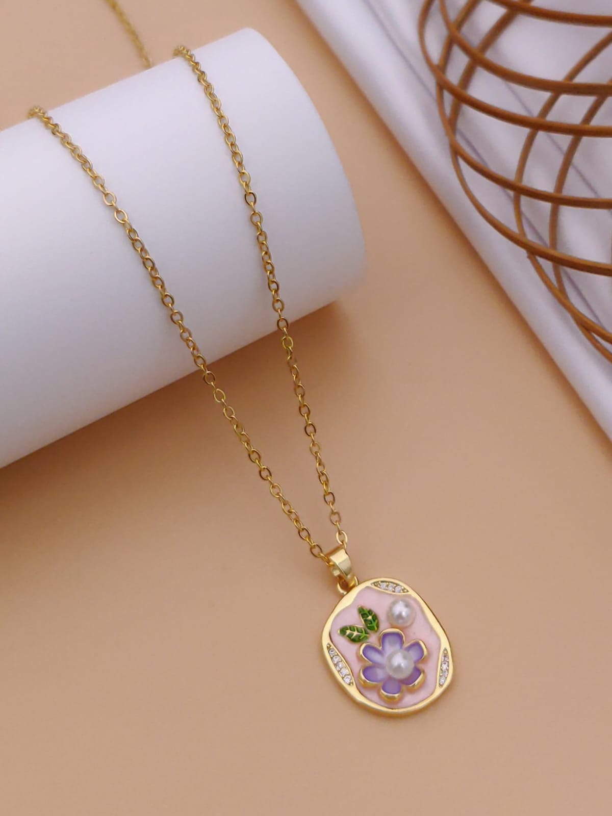 Pastel Pink Enamel Oval Flower & Pearl Pendant Necklace