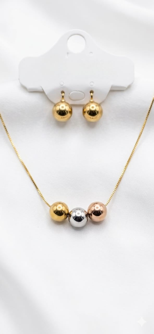 Tricolor Triple Ball Pendant Necklace & Gold-Tone Dangle Earrings Jewelry Set