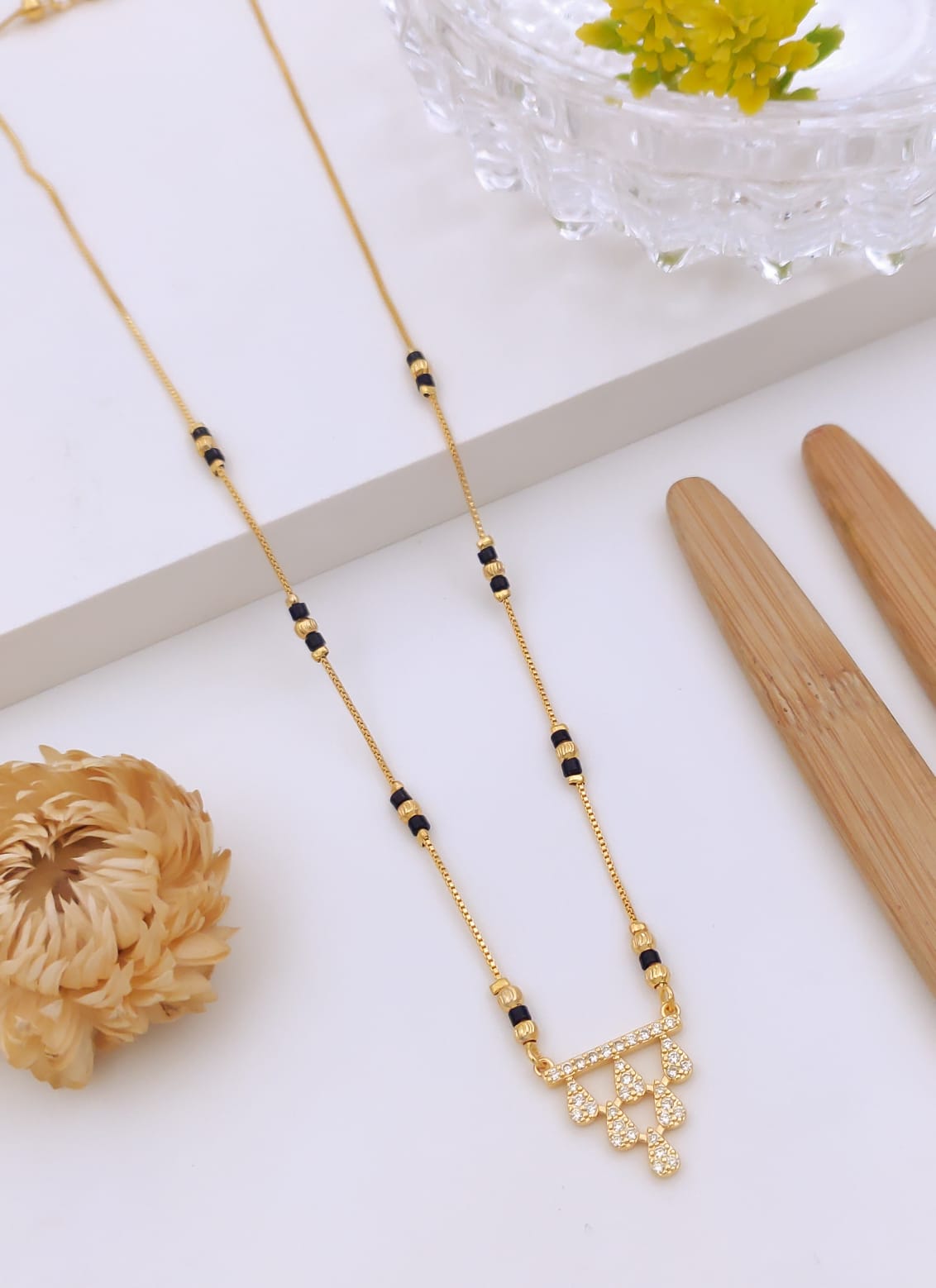 Elegant Geometric Triangular Fringe CZ Gold Mangalsutra