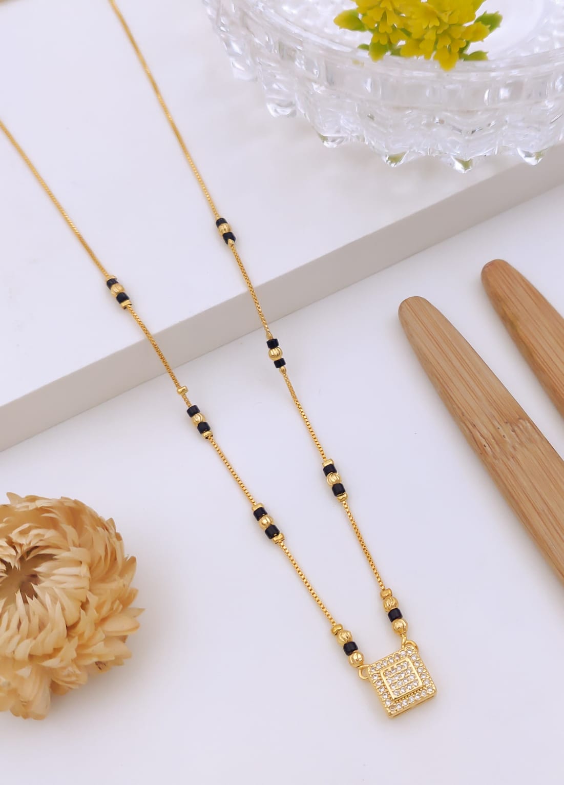 Elegant Dual-Layer Square Pavé CZ Gold Mangalsutra