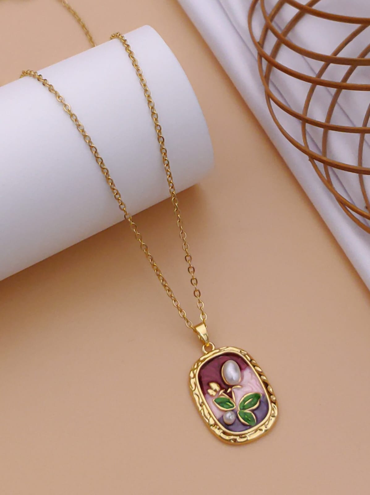 Vintage Pearl Tulip & Deep Purple Enamel Oval Pendant Necklace