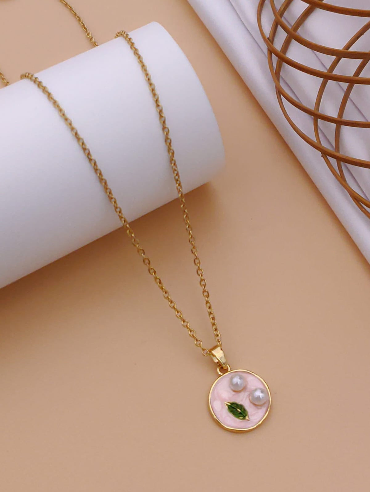 Minimalist Light Pink Enamel & Pearl Medallion Pendant Necklace