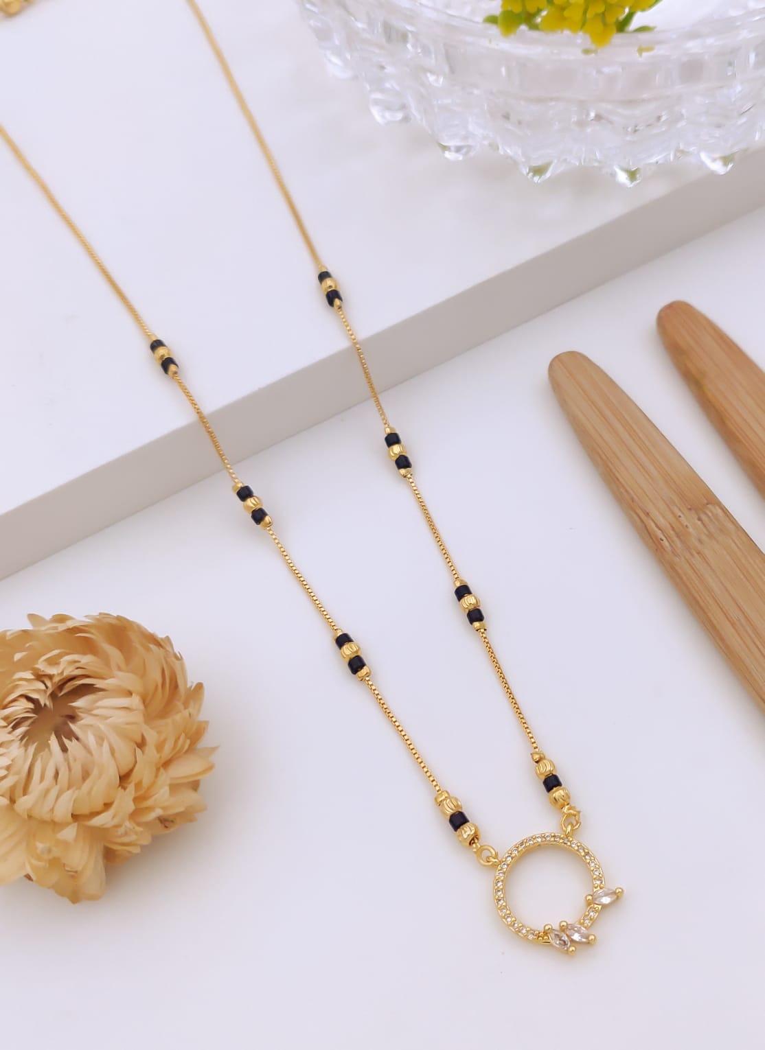 Elegant Circle CZ Gold Mangalsutra with Leaf Accents