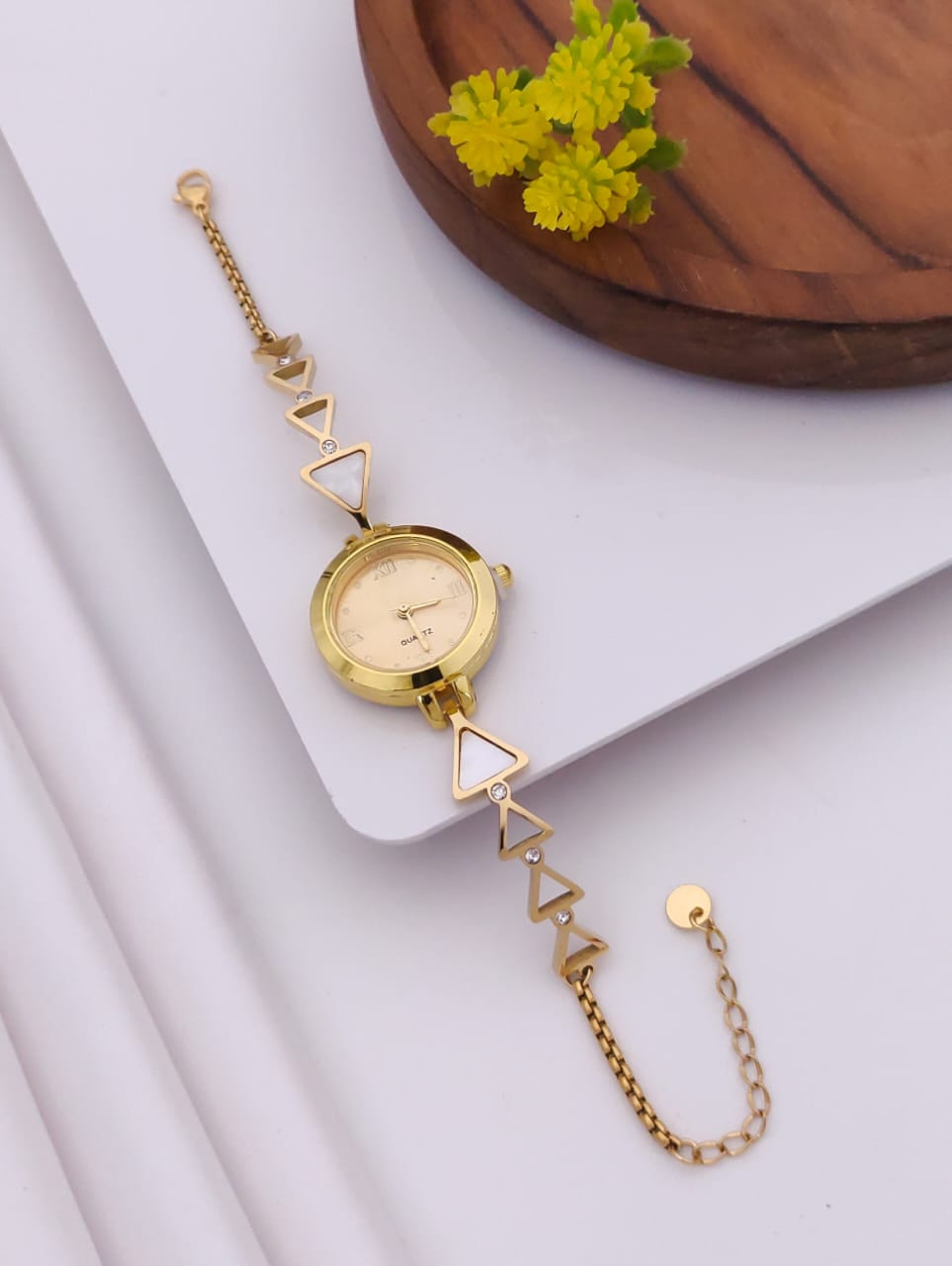Elegant Gold-Tone Geometric Triangle Charm Bracelet Watch for Women