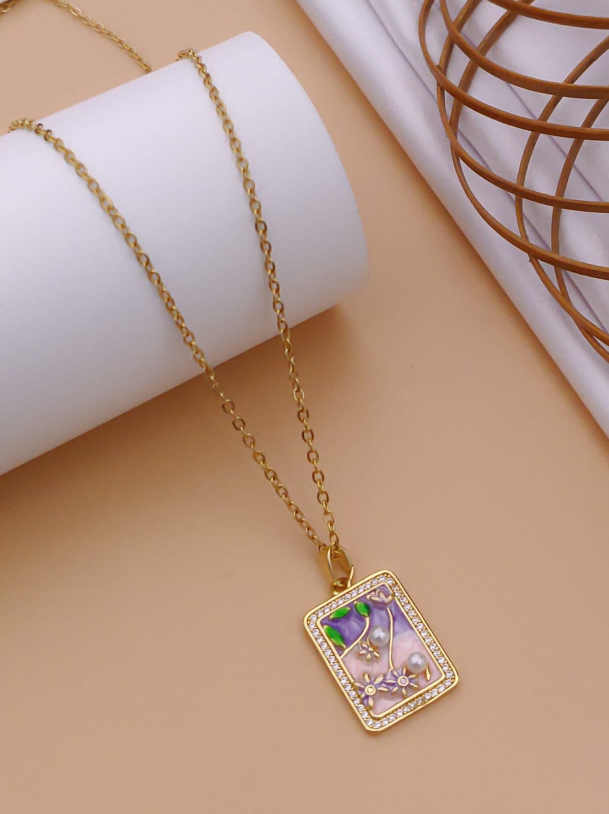 Vintage Floral Enamel & Pearl Rectangular Tag Pendant Necklace