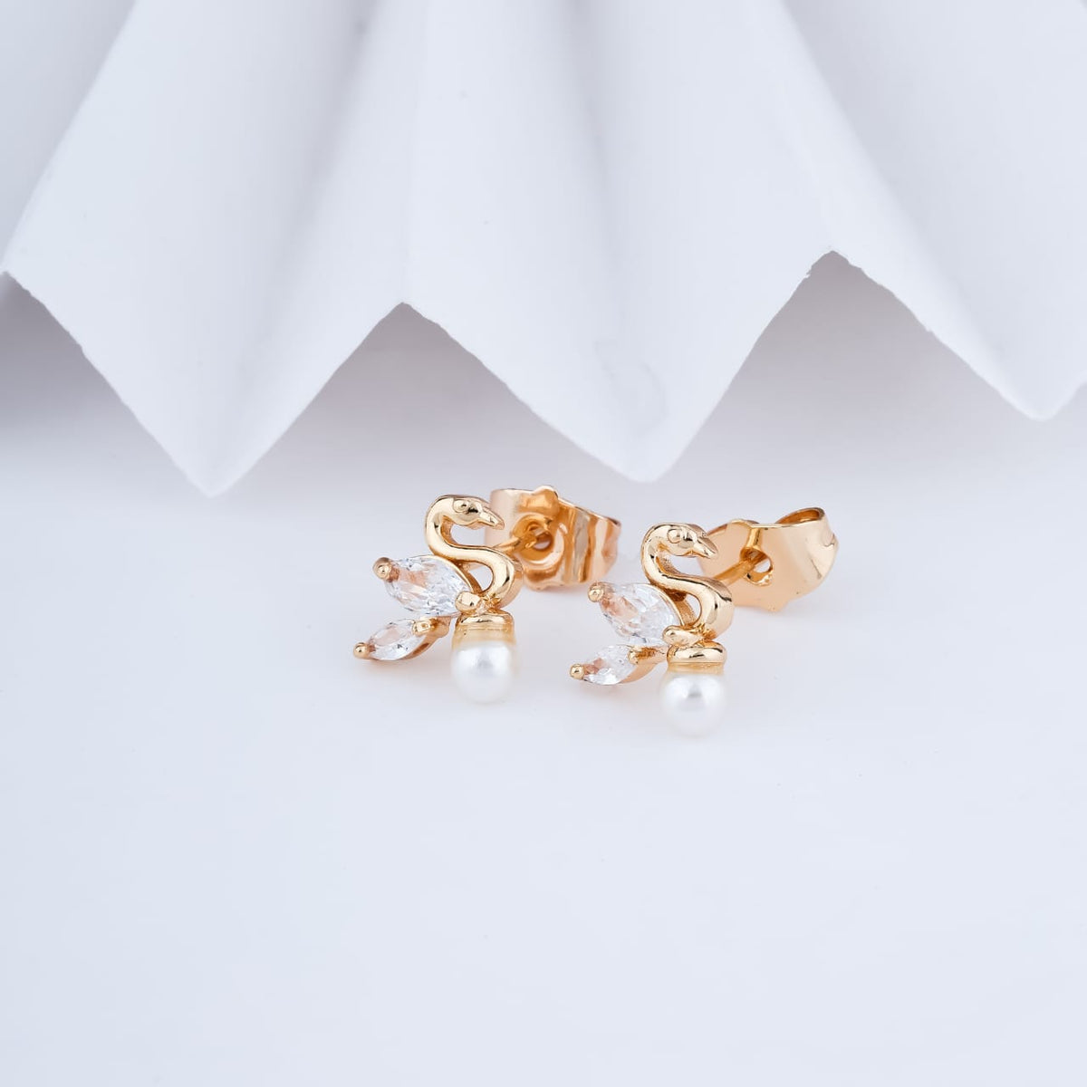 Gold-Plated Swan Pearl & Cubic Zirconia Stud Earrings