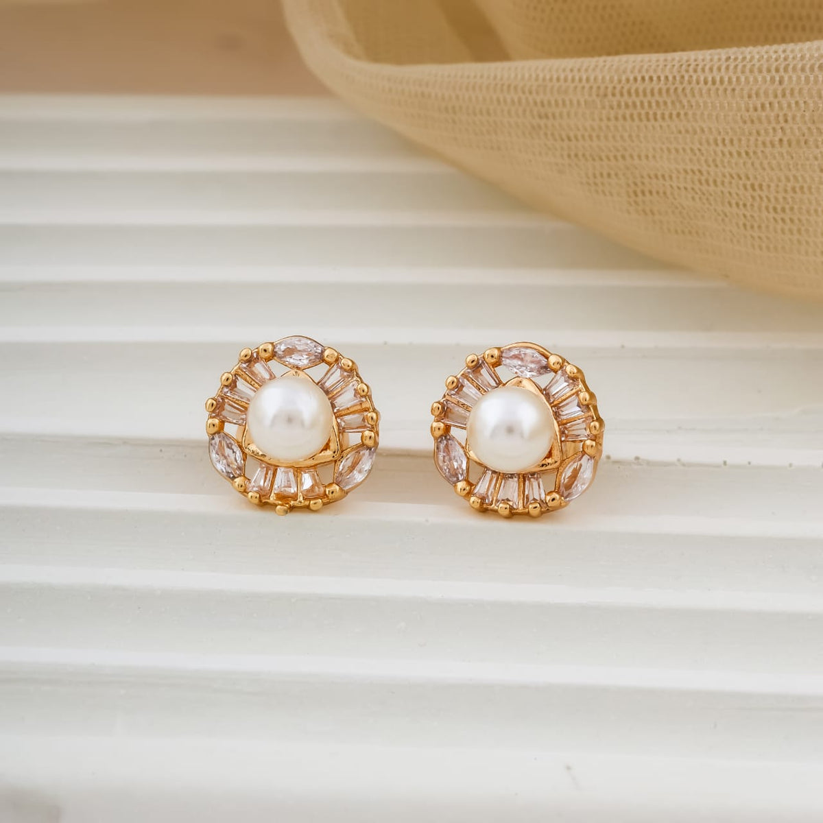 Gold-Plated Round Pearl & Baguette Cubic Zirconia Sunburst Halo Stud Earrings