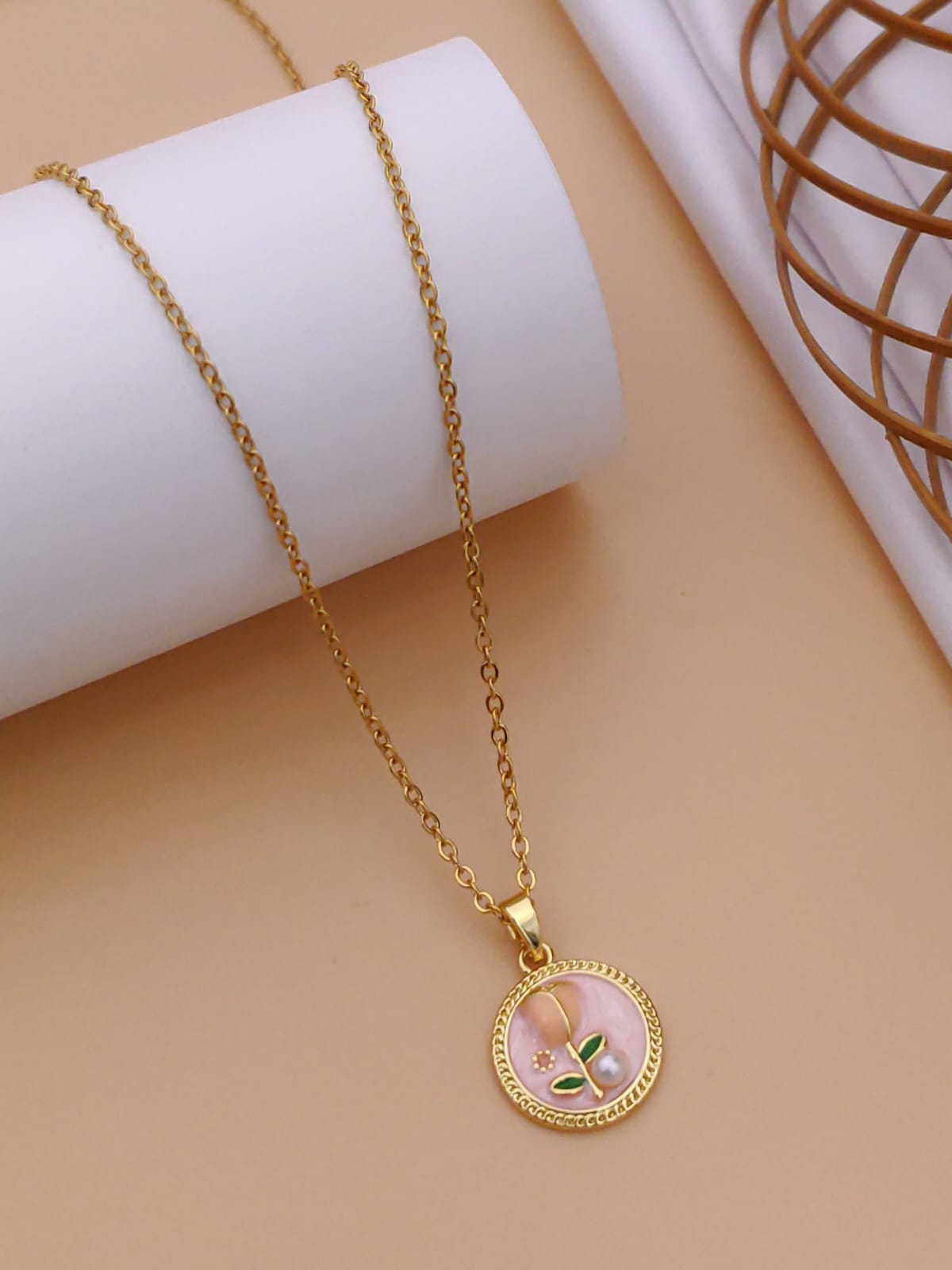 Vintage Pink Tulip Enamel Medallion Pendant Necklace
