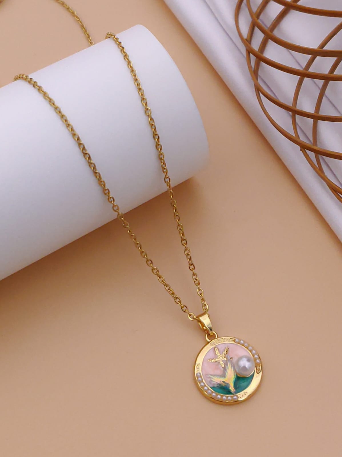 Enchanting Gold-Tone Mermaid Tail Enamel Medallion Necklace