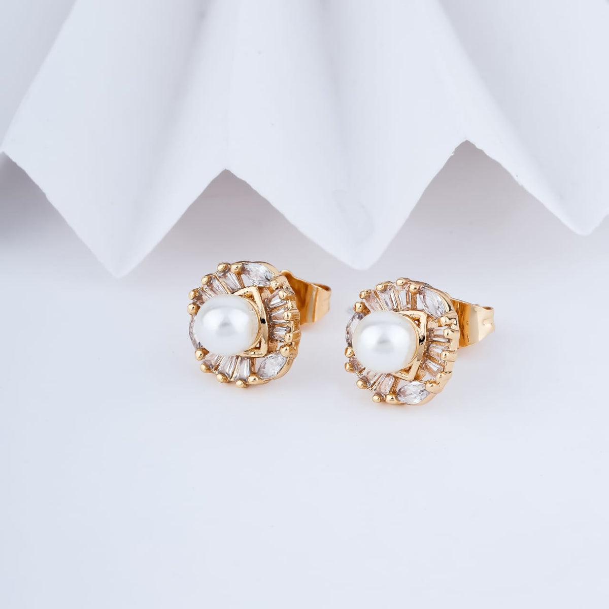 Gold-Plated Pearl & Baguette Cubic Zirconia Halo Stud Earrings