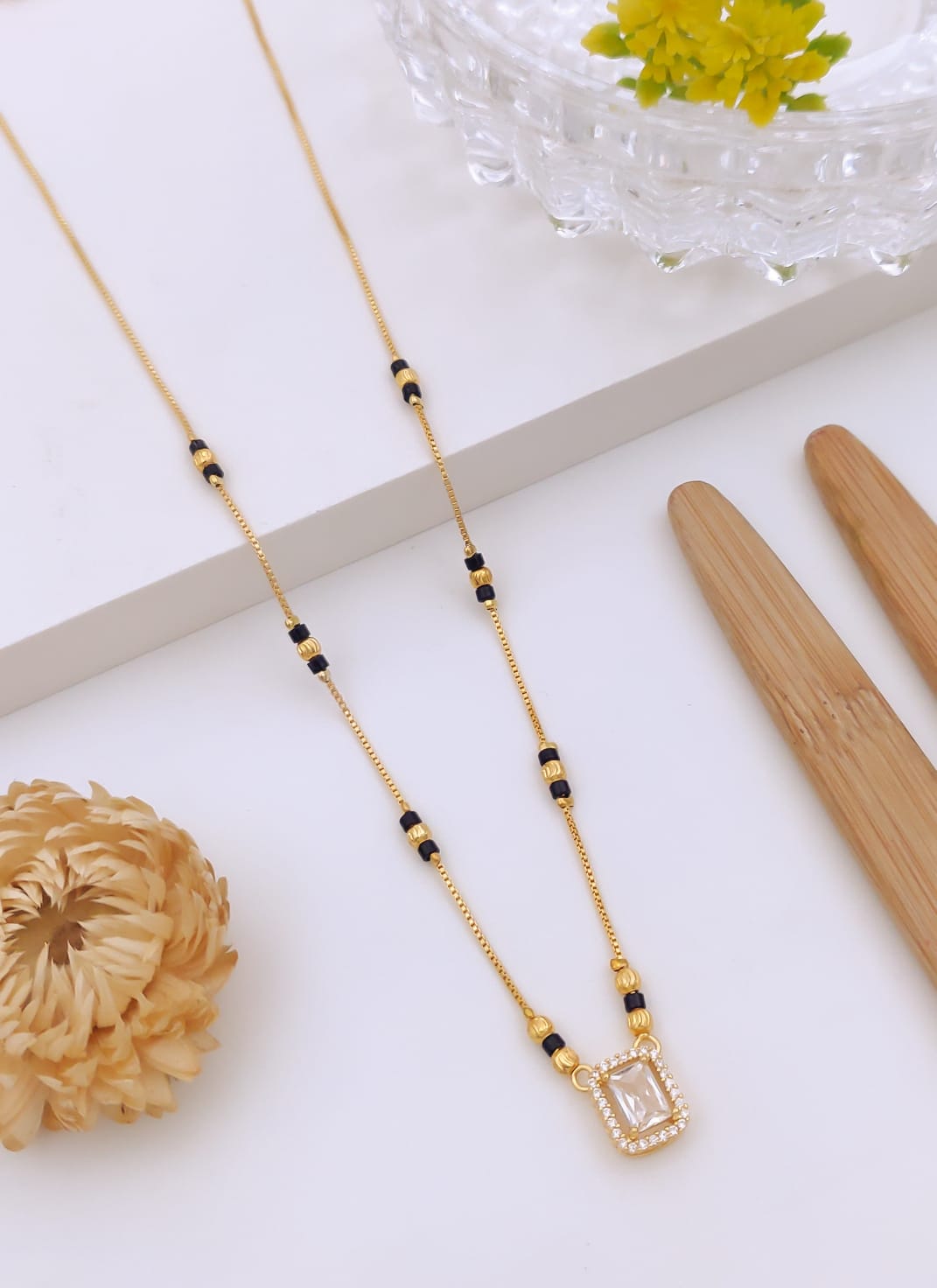Elegant Emerald-Cut CZ Halo Gold Mangalsutra