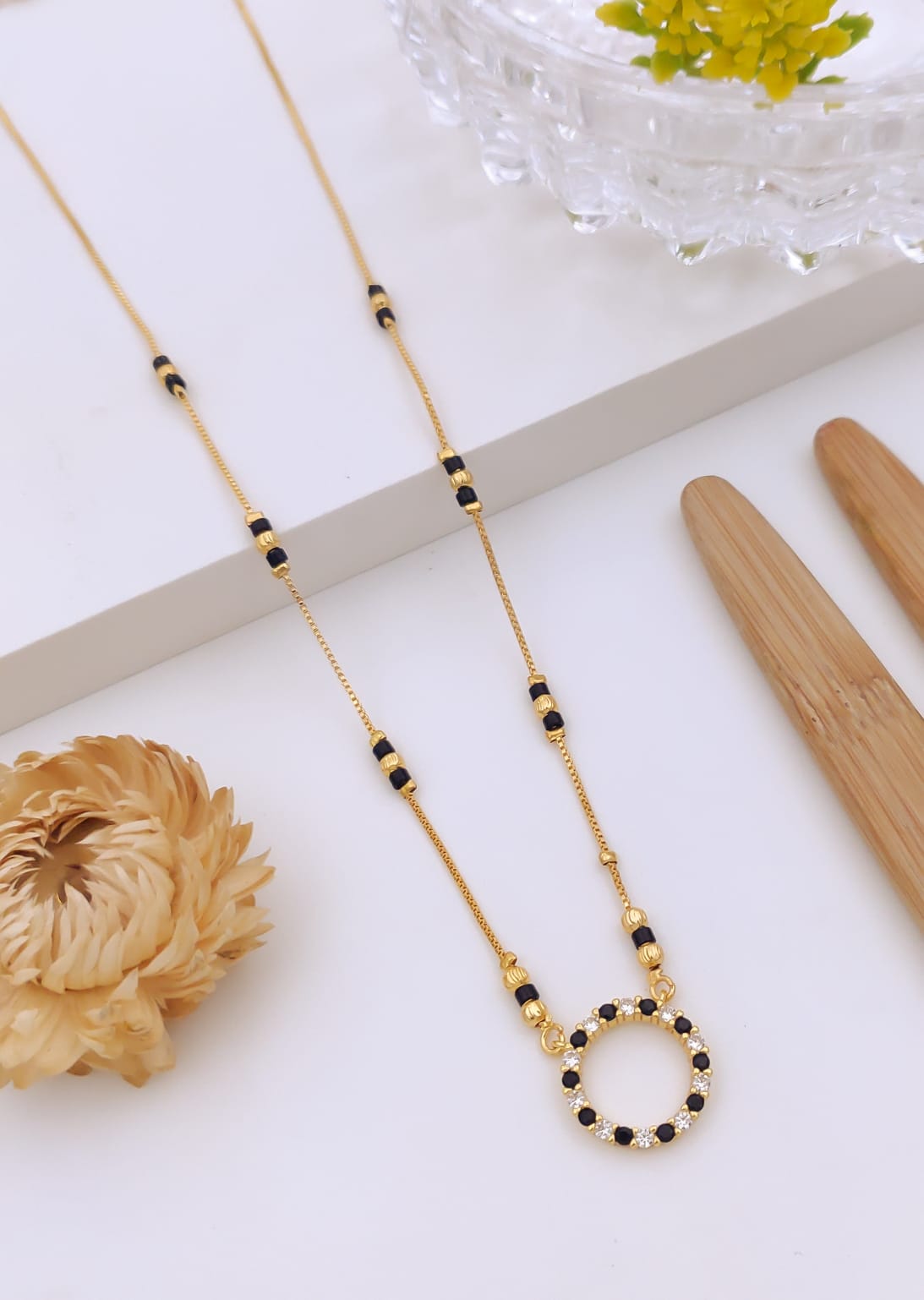 Elegant Dual-Tone Black & White Circle CZ Gold Mangalsutra