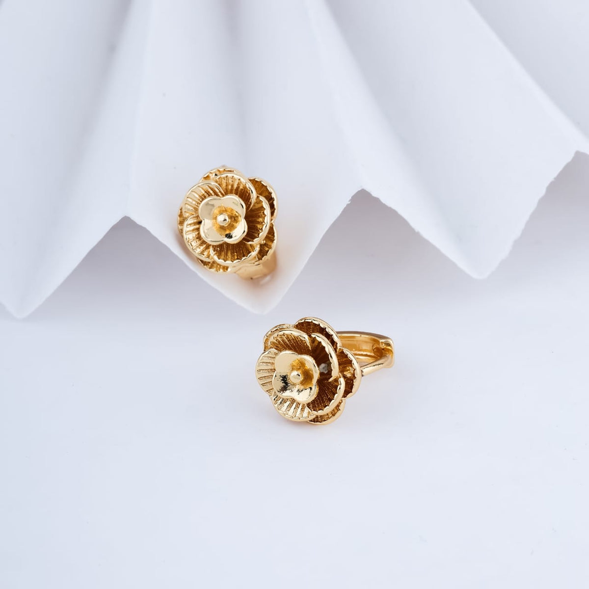 Gold-Plated Sculpted Camellia Flower Huggie Hoop Earrings